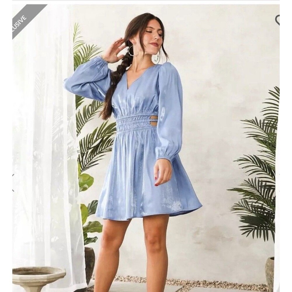 NET Willow & Root Sheen Cutout Mini Dress Blue Metallic Shiny Long Sleeve Sz XS